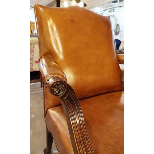 464 - GAINSBOROUGH STYLE CHAIR, tan leather, cabriole legs, mid 20th century, 100cm high, 70cm wide, 73cm ... 