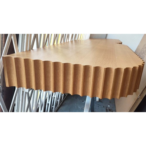 484 - MEDIA CONSOLE TABLES, a pair, 100cm W x 87cm H x 60cm D with scalloped tops on 'X' framed metal supp... 