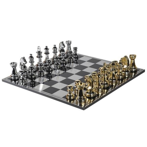 437 - OVERSIZED CHESS SET, black and silver chequered board, 60cm x 60cm, with silver and gold chess piece... 