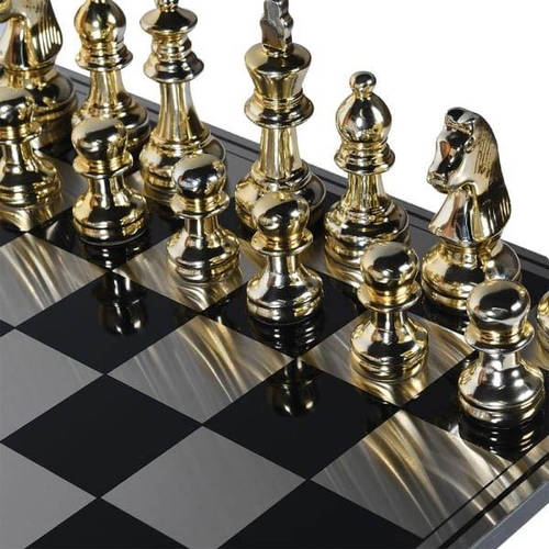 437 - OVERSIZED CHESS SET, black and silver chequered board, 60cm x 60cm, with silver and gold chess piece... 