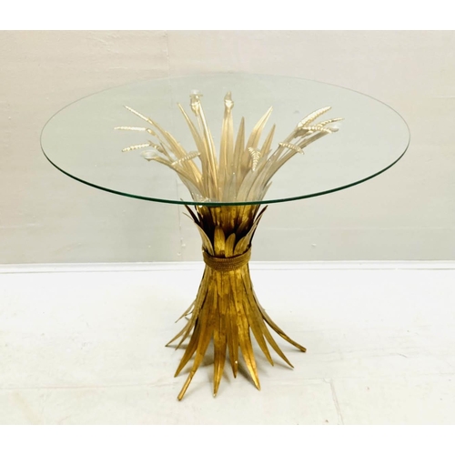 438 - MAISON JANSEN STYLE SIDE TABLE, 60cm high, 70cm diameter, wheat sheaf design, gilt metal, glass top.