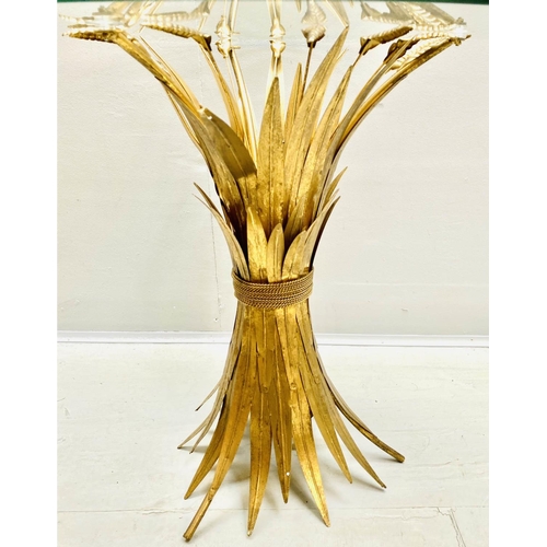 438 - MAISON JANSEN STYLE SIDE TABLE, 60cm high, 70cm diameter, wheat sheaf design, gilt metal, glass top.