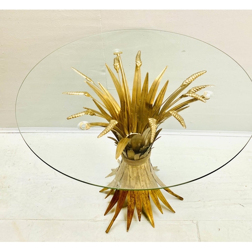 438 - MAISON JANSEN STYLE SIDE TABLE, 60cm high, 70cm diameter, wheat sheaf design, gilt metal, glass top.