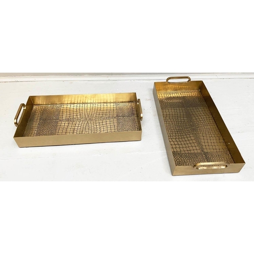 443 - COCKTAIL TRAYS, a pair, faux crocodile embossed gilt metal design, 8cm x 49cm x 23cm. (2)