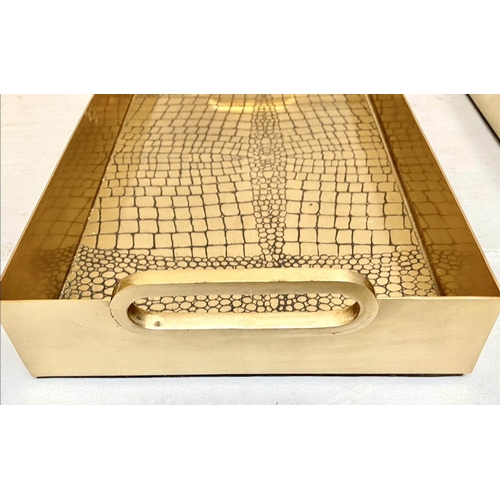 443 - COCKTAIL TRAYS, a pair, faux crocodile embossed gilt metal design, 8cm x 49cm x 23cm. (2)