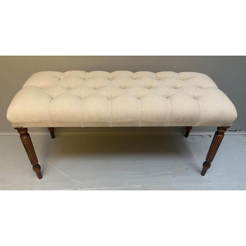 444 - HALL SEAT, 47cm H x 100cm W x 52cm D, neutral linen deep buttoned upholstered seat, turned legs.