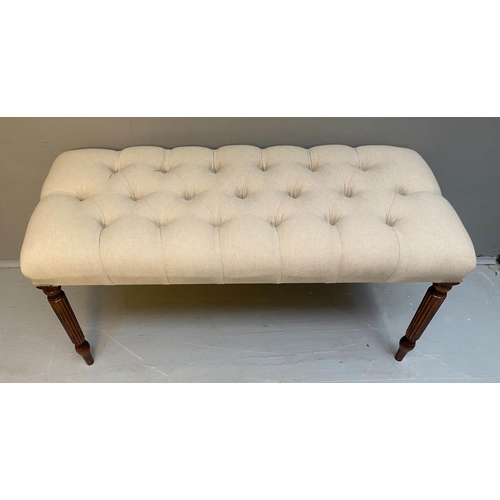 444 - HALL SEAT, 47cm H x 100cm W x 52cm D, neutral linen deep buttoned upholstered seat, turned legs.