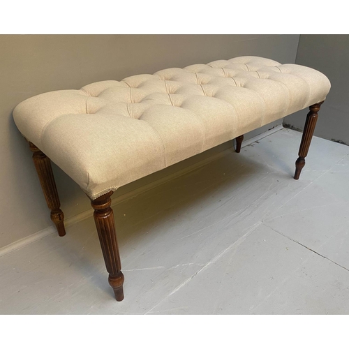 444 - HALL SEAT, 47cm H x 100cm W x 52cm D, neutral linen deep buttoned upholstered seat, turned legs.