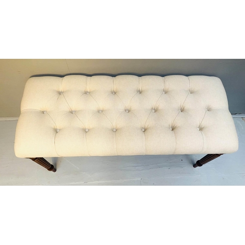 444 - HALL SEAT, 47cm H x 100cm W x 52cm D, neutral linen deep buttoned upholstered seat, turned legs.