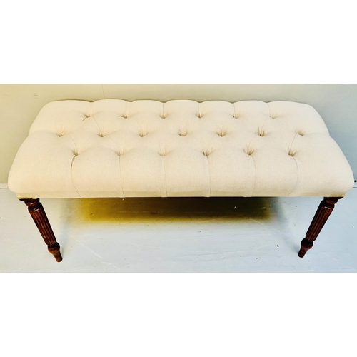 444 - HALL SEAT, 47cm H x 100cm W x 52cm D, neutral linen deep buttoned upholstered seat, turned legs.