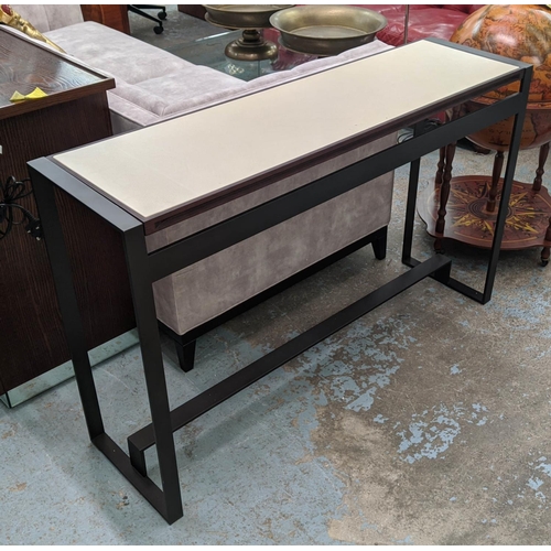 466 - CONSOLE TABLE, 130cm x 36cm 81cm, white leather top with faux shagreen finish, metal base.