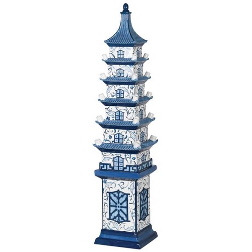 442 - DELFTWARE STYLE PAGODA TULIP VASE, 90cm H x 19cm W, formed of multiple sections.