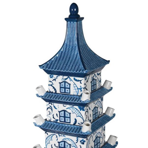 442 - DELFTWARE STYLE PAGODA TULIP VASE, 90cm H x 19cm W, formed of multiple sections.