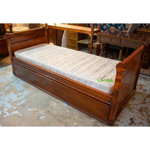 297 - ELM DAY BED, with pull out trundle, two mattresses and curtains, 80cm H x 200cm L.