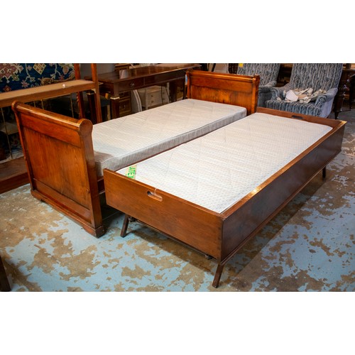 297 - ELM DAY BED, with pull out trundle, two mattresses and curtains, 80cm H x 200cm L.