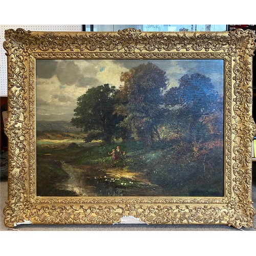 61 - E PORTEAU, Barbizon manner, 'Landscape with figures', oil on paper, 58cm x 79cm, framed, signed indi... 