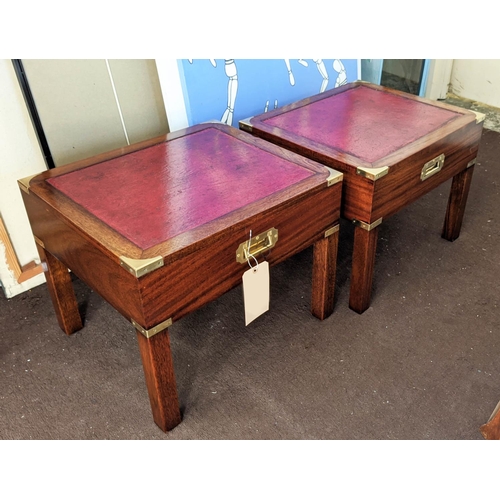 176 - SIDE TABLES, a pair, each 51cm x 45cm x 42cm H, campaign style mahogany and brass bound with dummy d... 