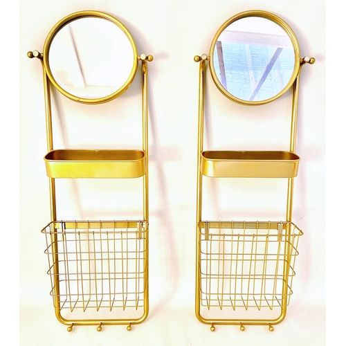 483 - WALL MOUNTING VANITY SHELVING, a pair, gilt metal, each with a circular mirror to top, 97cm x 30cm x... 