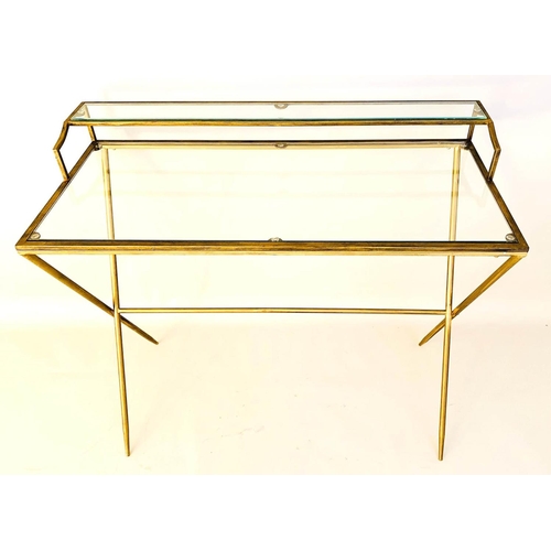 484 - WRITING DESK, 1960s French style, gilt metal and glass, 87cm x 95cm x 42cm.