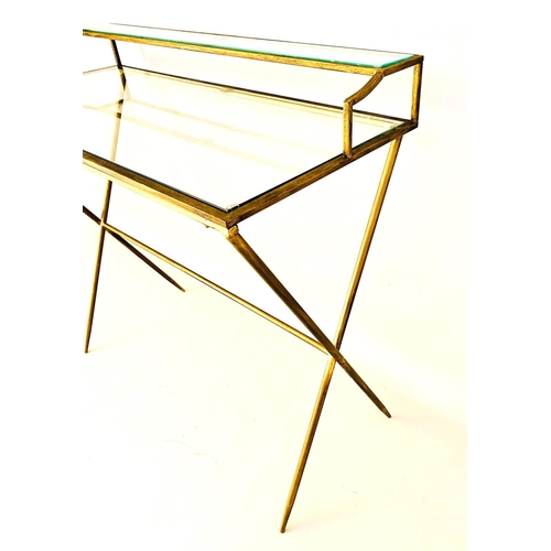 484 - WRITING DESK, 1960s French style, gilt metal and glass, 87cm x 95cm x 42cm.