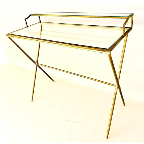 484 - WRITING DESK, 1960s French style, gilt metal and glass, 87cm x 95cm x 42cm.