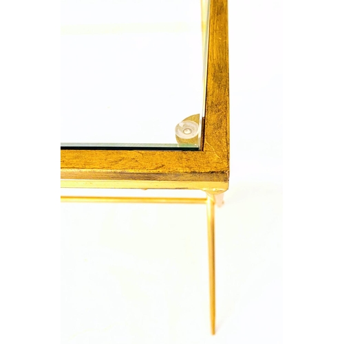 484 - WRITING DESK, 1960s French style, gilt metal and glass, 87cm x 95cm x 42cm.