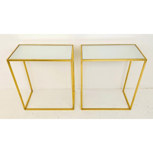 479 - SIDE TABLES, 66cm high, 56cm wide, 30cm deep, a pair, 1960s French style, gilt metal and glass. (2)