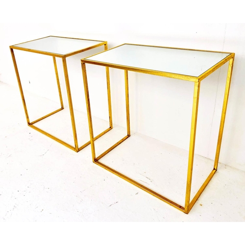 479 - SIDE TABLES, 66cm high, 56cm wide, 30cm deep, a pair, 1960s French style, gilt metal and glass. (2)