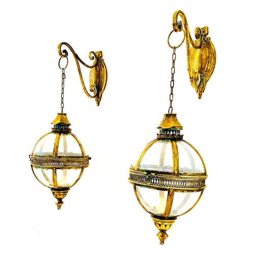 481 - WALL HANGING CANDLE LANTERNS, a pair, Regency style, gilt metal and glass, 80cm x 25cm x 25cm. (2)