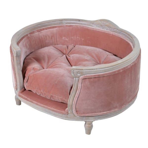 189 - DOG BED, 41cm high, 75cm wide, 66cm deep, pink velour upholstery, limed frame, turned feet