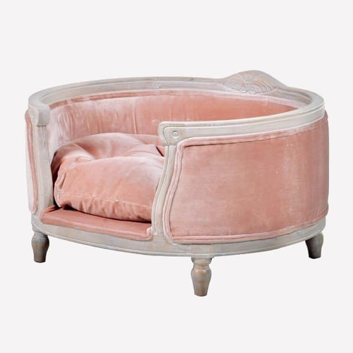 189 - DOG BED, 41cm high, 75cm wide, 66cm deep, pink velour upholstery, limed frame, turned feet