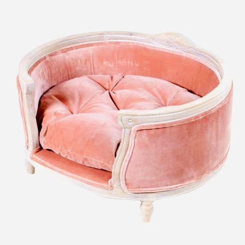 189 - DOG BED, 41cm high, 75cm wide, 66cm deep, pink velour upholstery, limed frame, turned feet