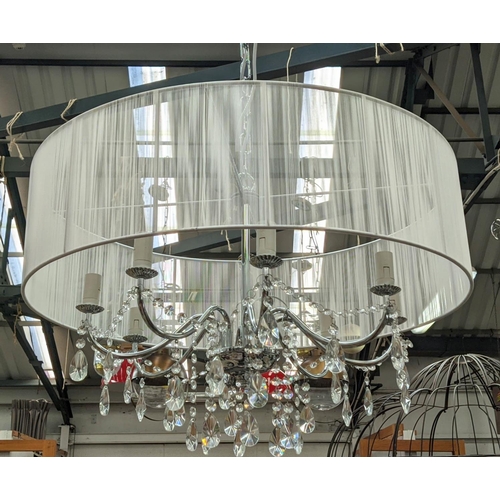 471 - CHANDELIER, 100cm high, 70cm diameter, six branch, polished metal with glass drops and cord shade.