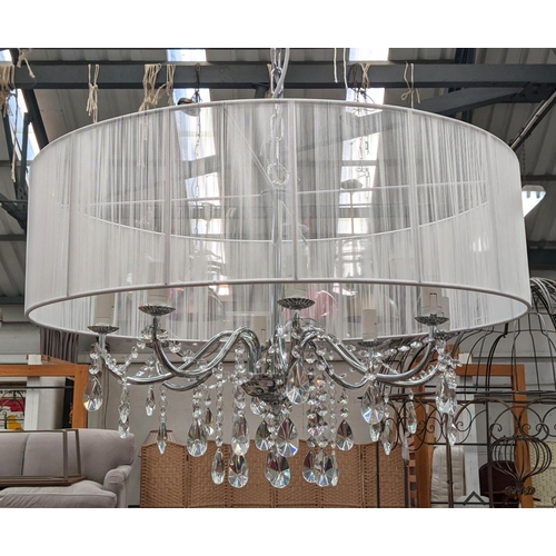 471 - CHANDELIER, 100cm high, 70cm diameter, six branch, polished metal with glass drops and cord shade.