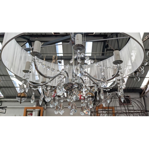 471 - CHANDELIER, 100cm high, 70cm diameter, six branch, polished metal with glass drops and cord shade.