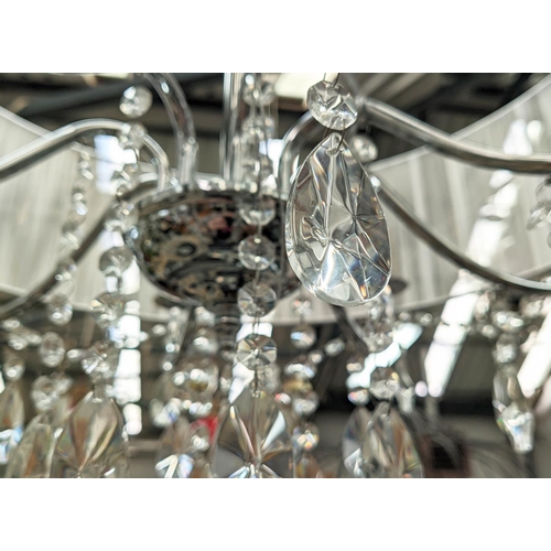 471 - CHANDELIER, 100cm high, 70cm diameter, six branch, polished metal with glass drops and cord shade.