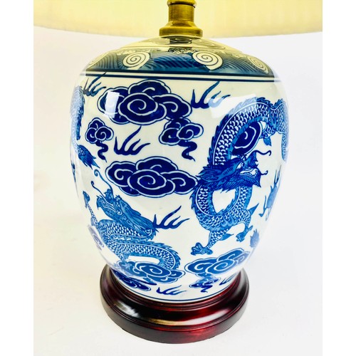 468 - TABLE LAMPS, a pair, 54cm H x 38cm diam, Chinese export style blue and white ceramic, with shades. (... 