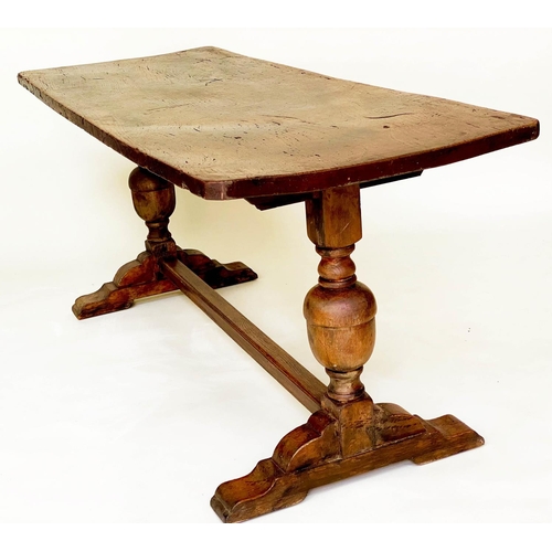 261 - REFECTORY TABLE, antique English elm, the single planked top raised upon twin turned pillar supports... 