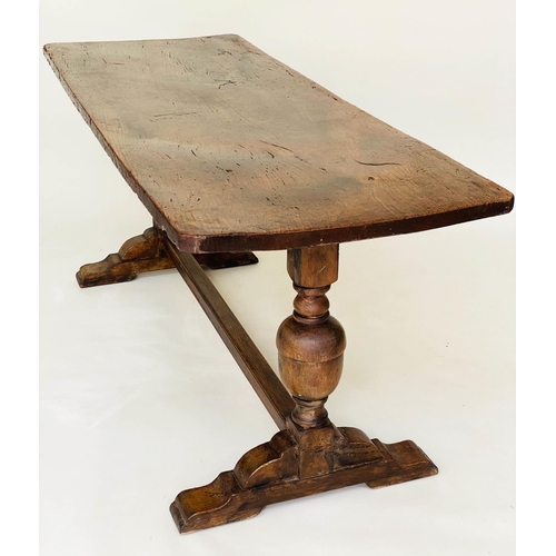 261 - REFECTORY TABLE, antique English elm, the single planked top raised upon twin turned pillar supports... 