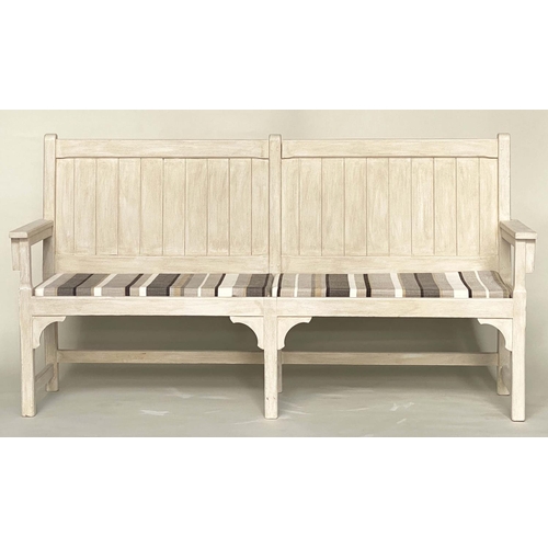 260 - COUNTRY HOUSE BENCH, 189cm W, French style, grey painted, with striped seat cushions and arms.