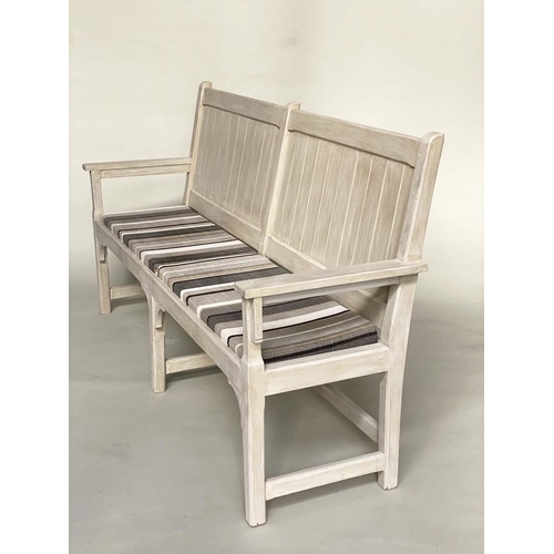 260 - COUNTRY HOUSE BENCH, 189cm W, French style, grey painted, with striped seat cushions and arms.