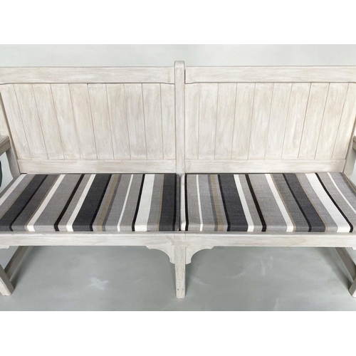 260 - COUNTRY HOUSE BENCH, 189cm W, French style, grey painted, with striped seat cushions and arms.