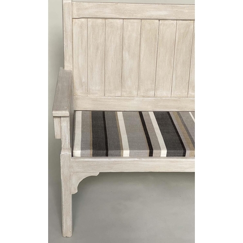 260 - COUNTRY HOUSE BENCH, 189cm W, French style, grey painted, with striped seat cushions and arms.