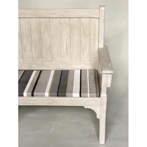 260 - COUNTRY HOUSE BENCH, 189cm W, French style, grey painted, with striped seat cushions and arms.