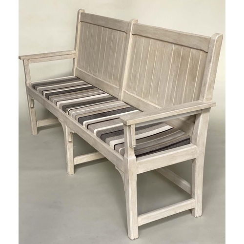 260 - COUNTRY HOUSE BENCH, 189cm W, French style, grey painted, with striped seat cushions and arms.