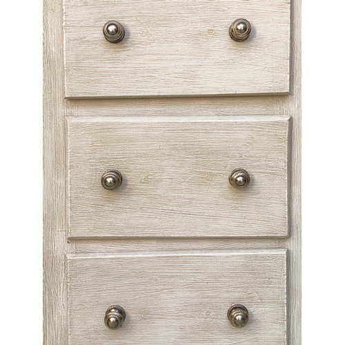 228 - BEDSIDE CHESTS, a pair, traditionally grey painted each with three drawers and bracket supports, 46c... 