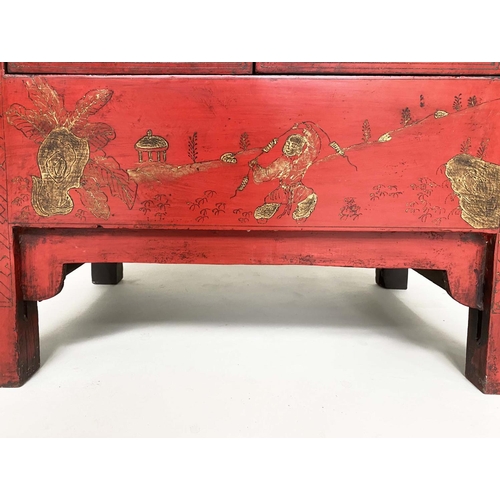 223 - CHINESE SIDE CABINETS, a pair, early 20th century scarlet lacquered, gilt Chinoiserie decorated and ... 