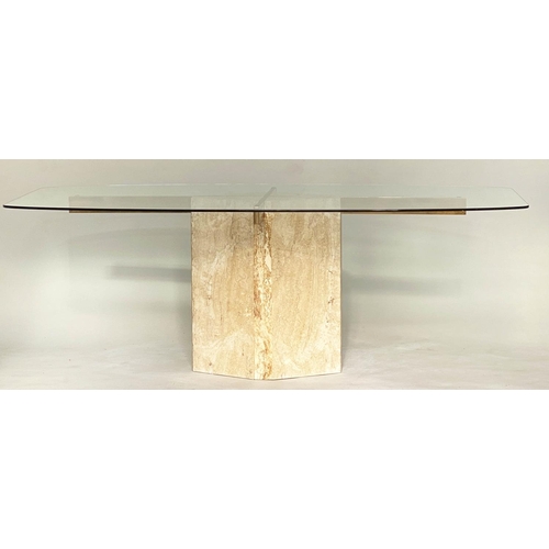 266 - ARTEDI DINING TABLE, bow sided rectangular plate glass on brass supports and travertine marble suppo... 