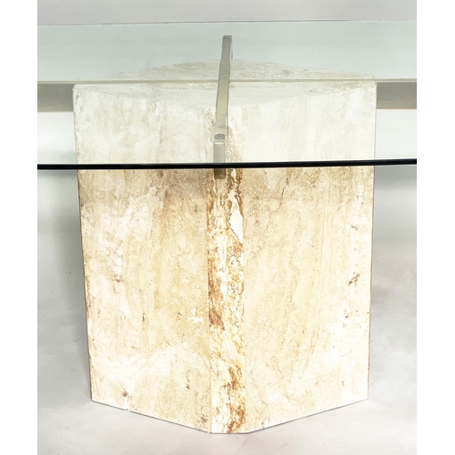 266 - ARTEDI DINING TABLE, bow sided rectangular plate glass on brass supports and travertine marble suppo... 