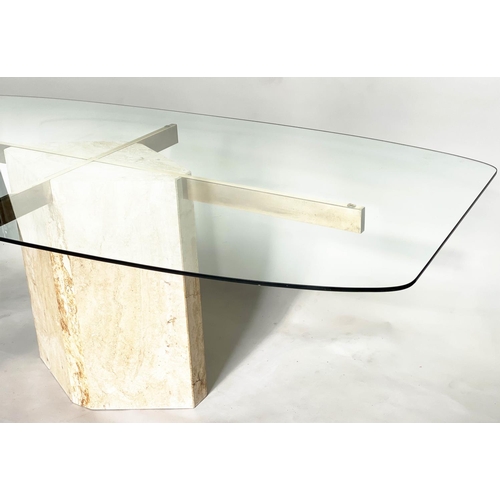 266 - ARTEDI DINING TABLE, bow sided rectangular plate glass on brass supports and travertine marble suppo... 